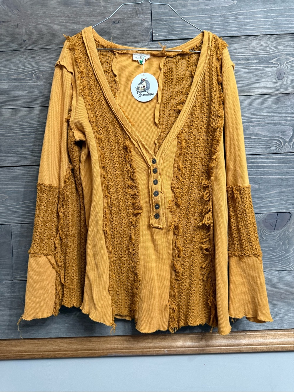 POL Mustard Yellow Distressed Henley Knit Top